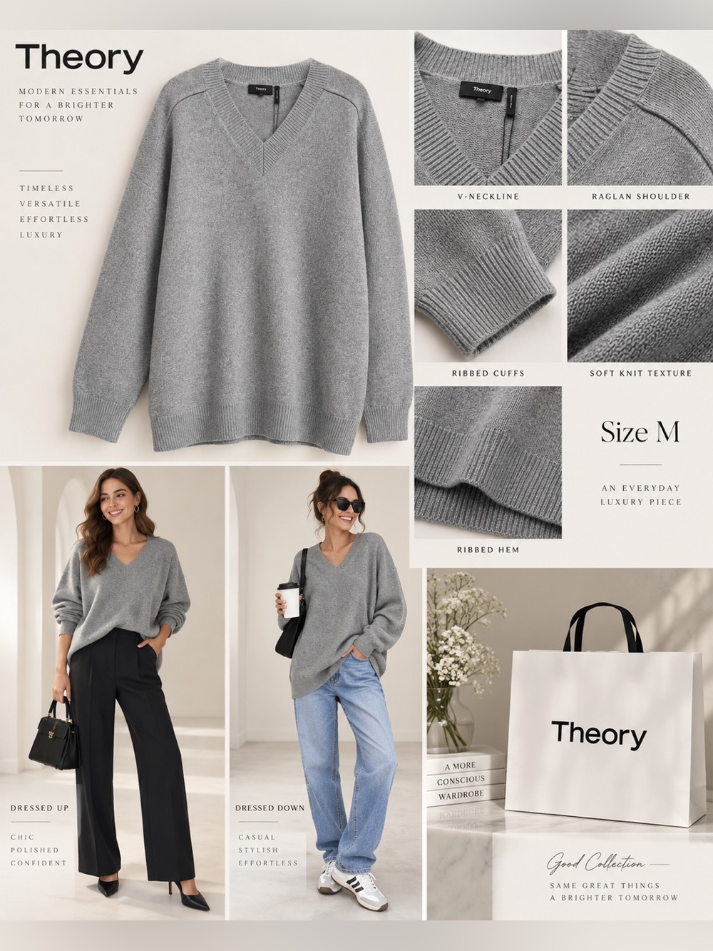 Theory Gray V-Neck Raglan oversized Sweater
